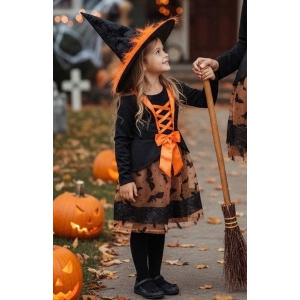 NEW Spooky Creations Girls Witch Costume Size 4-6 Black Orange Halloween Set